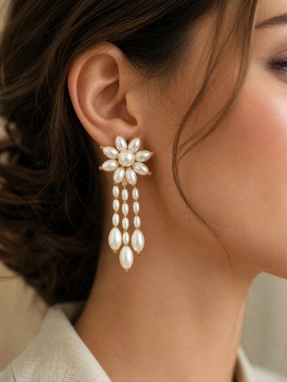 Vintage Large Faux Pearl Floral Clip-On Statement Dangle Earrings